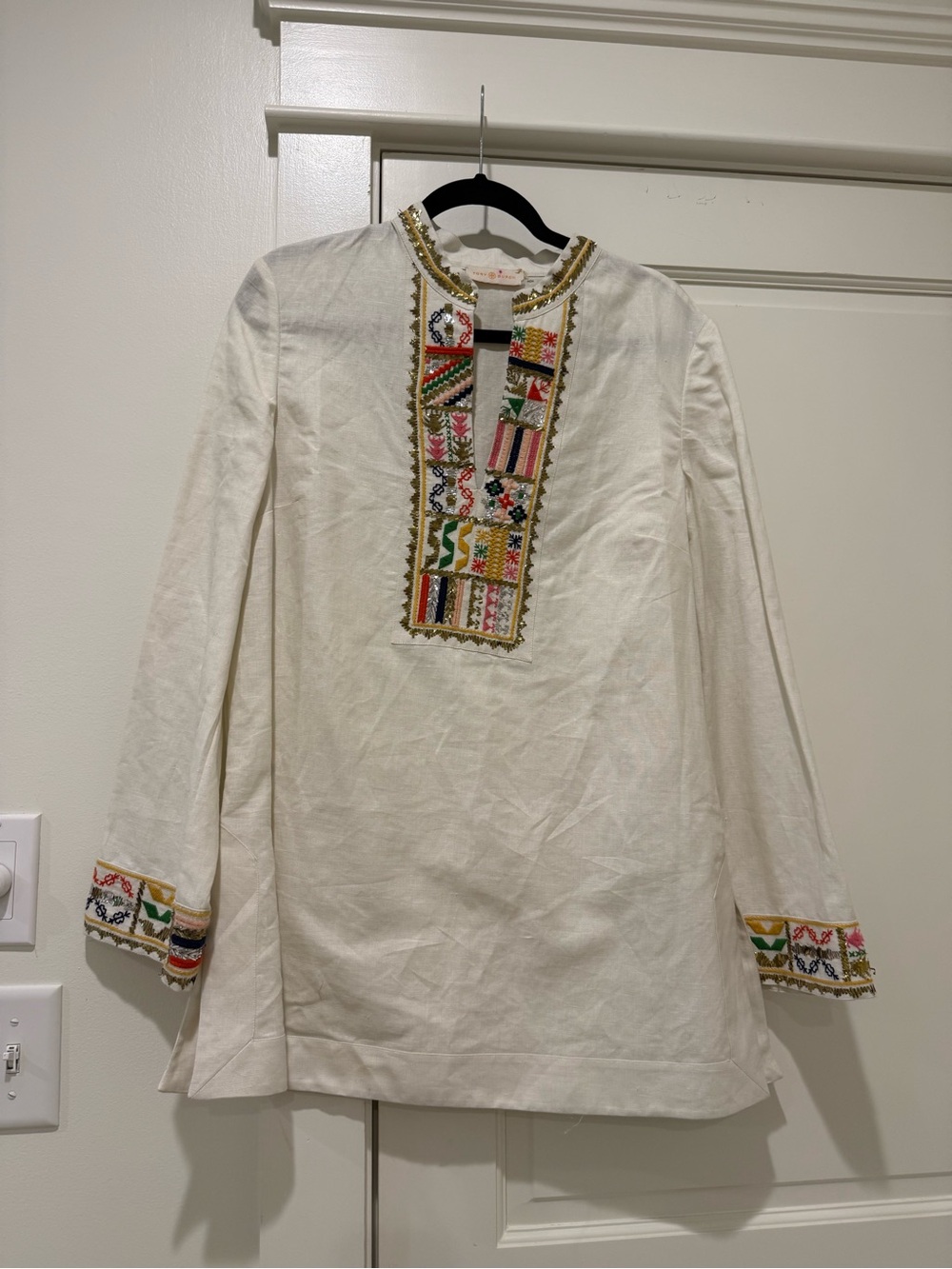 Tory Burch Cream Embroidered Top with Gold Sequin Trim